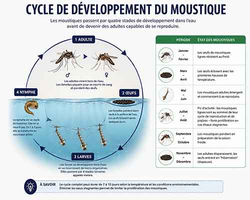 Cycle de développement du moustique : œufs, larves, nymphe et adulte